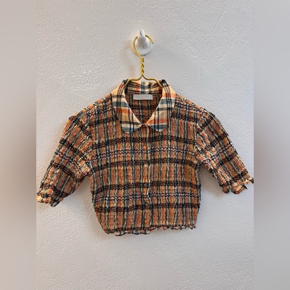 Ulla Johnson Jules Smocked Silk Cotton Collared Crop Top 00 - Picture 2 of 8